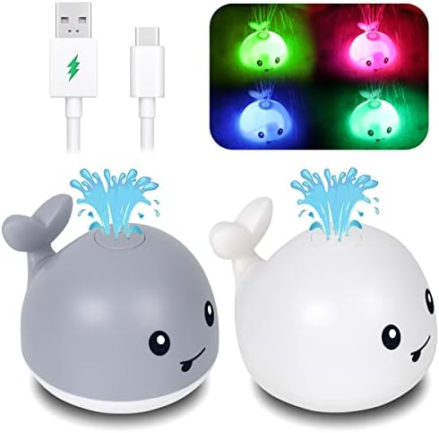 AOLIGE 2Pcs Whale Bath Toy Sprinkler Rechargeable Spraying Light Up Bathtub Toys Bathtime Water Toys for Toddlers Kids Waterproof Shower Toys (Rechargeable White & Grey Whale)
